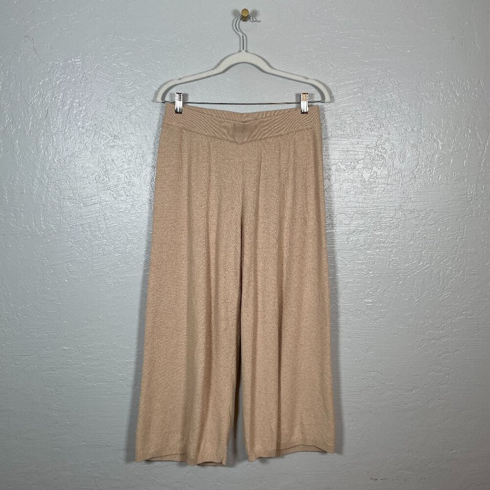 Roots Women M Beige Tan Sweater Knit Pants Wide Leg Loungewear Cotton Casual